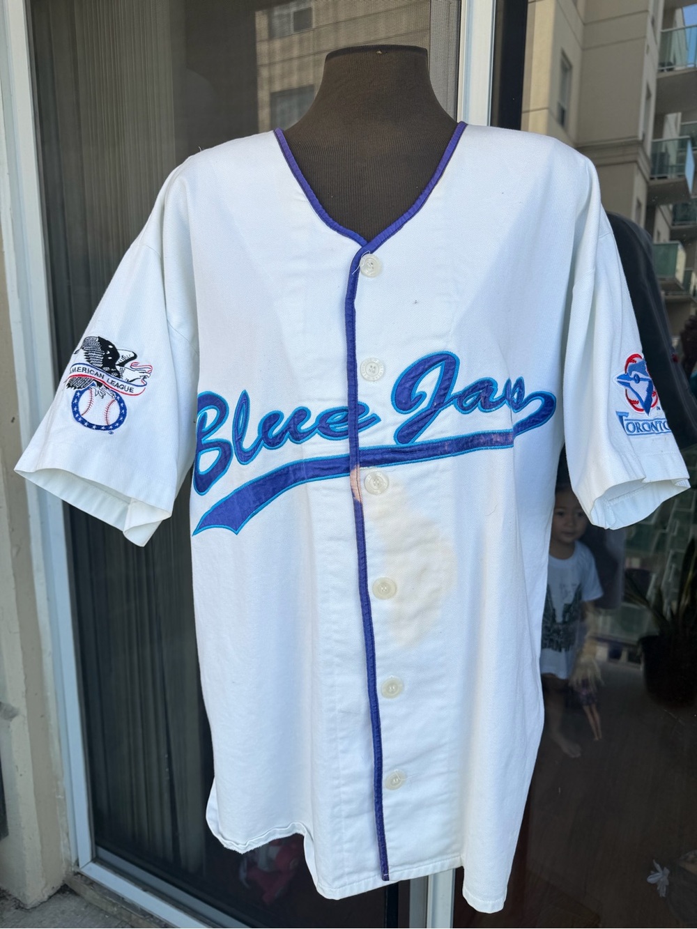 Vintage Blue Jays White Button-Up Jersey with Blue and Purple Trim